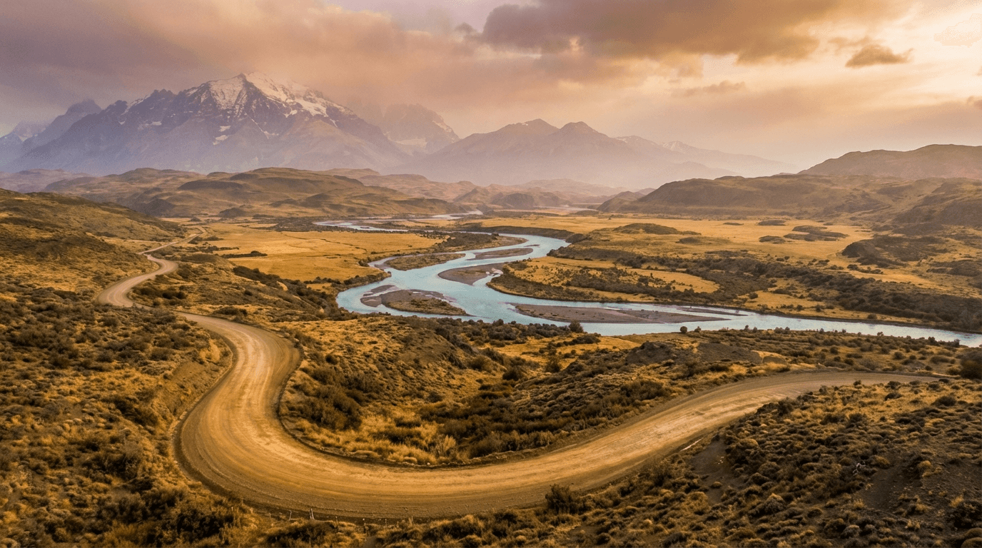 Patagonia road and mountains under changing weather