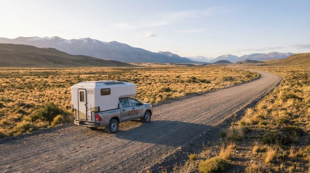 An Otto Campers truck camper on a gravel road through open Patagonian steppe with mountains behind