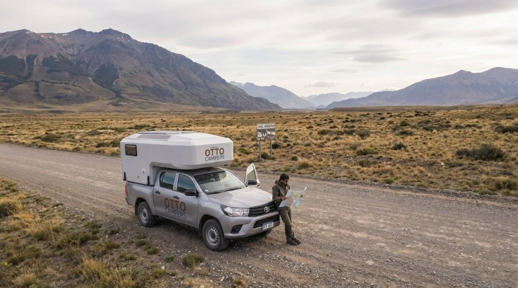 A traveller looking at a map next to an Otto Campers truck on a gravel road in the Patagonian wilderness
