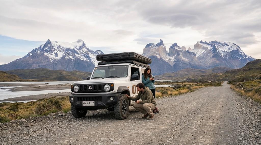 Travellers with a camper on a gravel road in remote Patagonia mountains